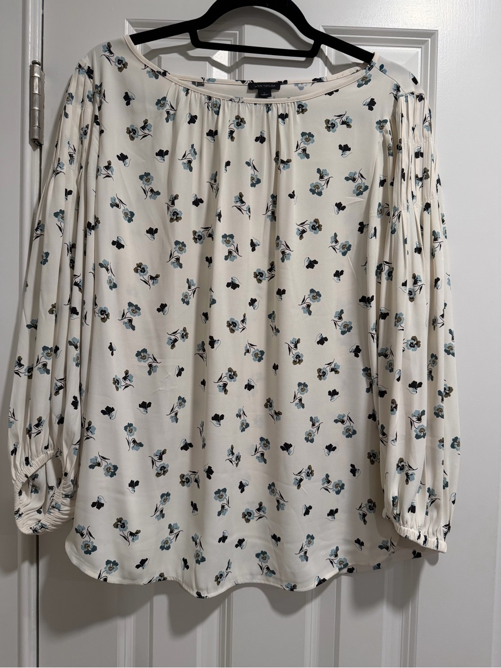 Ann Taylor Cream Blouse with Blue and Black Floral Print